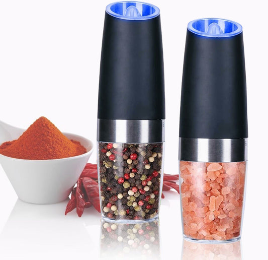 Gravity Electric Salt and Pepper Mill Set, Stainless Steel Automatic Pepper and Salt Miller, LED Blue Light, Battery Operated - Torange