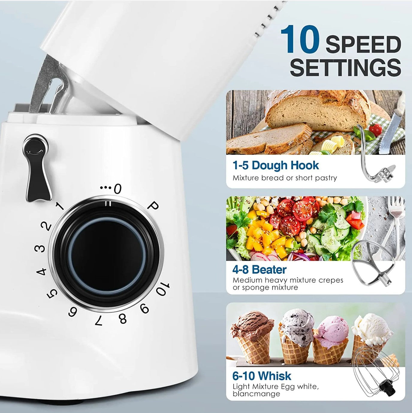 Food Processor Kneading Machine, 10 Speed Settings, with 5.5 Litre Stainless Steel Bowl, Whisk, Whisk, Mixing Bowl, 1300W (White) - Torange