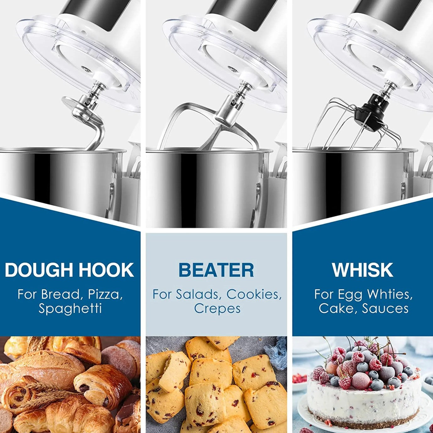 Food Processor Kneading Machine, 10 Speed Settings, with 5.5 Litre Stainless Steel Bowl, Whisk, Whisk, Mixing Bowl, 1300W (White) - Torange