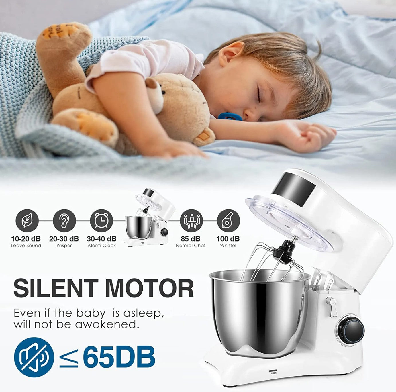 Food Processor Kneading Machine, 10 Speed Settings, with 5.5 Litre Stainless Steel Bowl, Whisk, Whisk, Mixing Bowl, 1300W (White) - Torange