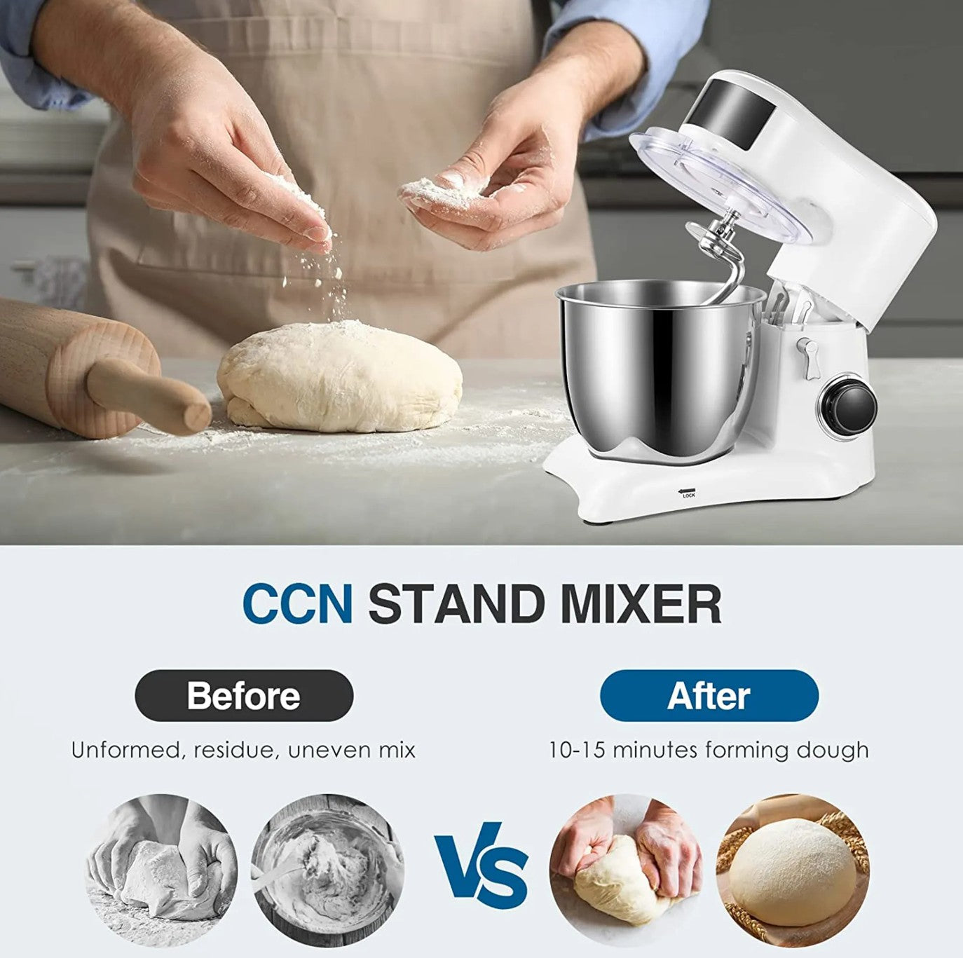 Food Processor Kneading Machine, 10 Speed Settings, with 5.5 Litre Stainless Steel Bowl, Whisk, Whisk, Mixing Bowl, 1300W (White) - Torange