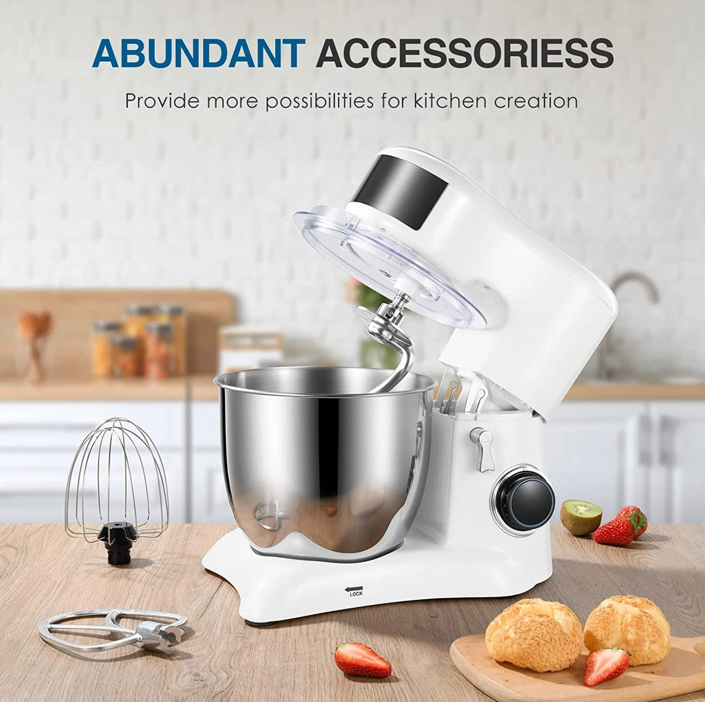 Food Processor Kneading Machine, 10 Speed Settings, with 5.5 Litre Stainless Steel Bowl, Whisk, Whisk, Mixing Bowl, 1300W (White) - Torange