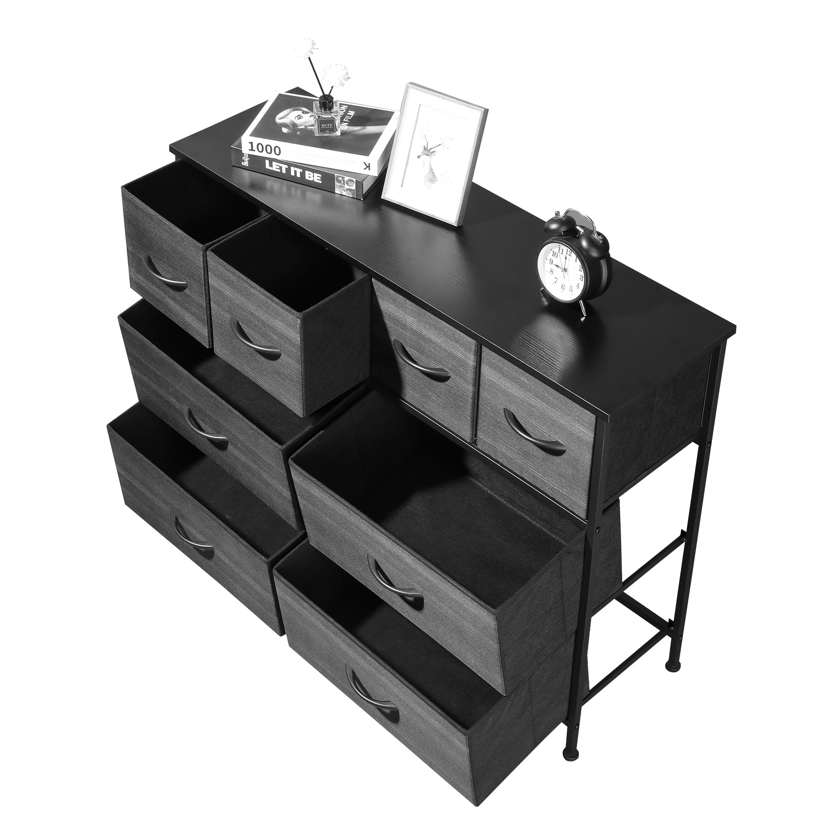 8 drawers, 4 large and 4 small, non-woven storage cabinets, cationic cloth surface + non-woven fabric drawers + particle board + iron frame 100*30*77cm, black wood grain drawer surface - Torange