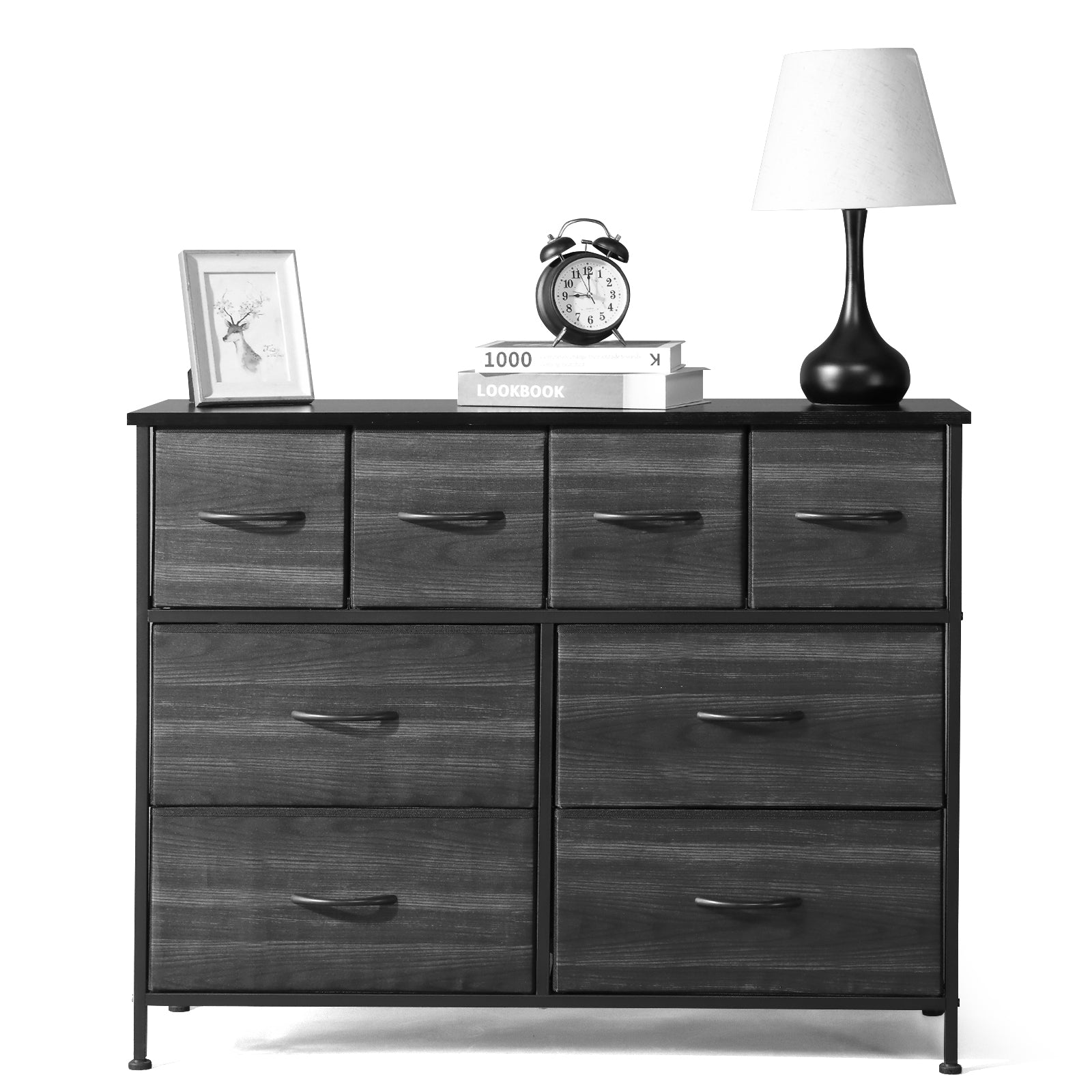 8 drawers, 4 large and 4 small, non-woven storage cabinets, cationic cloth surface + non-woven fabric drawers + particle board + iron frame 100*30*77cm, black wood grain drawer surface - Torange