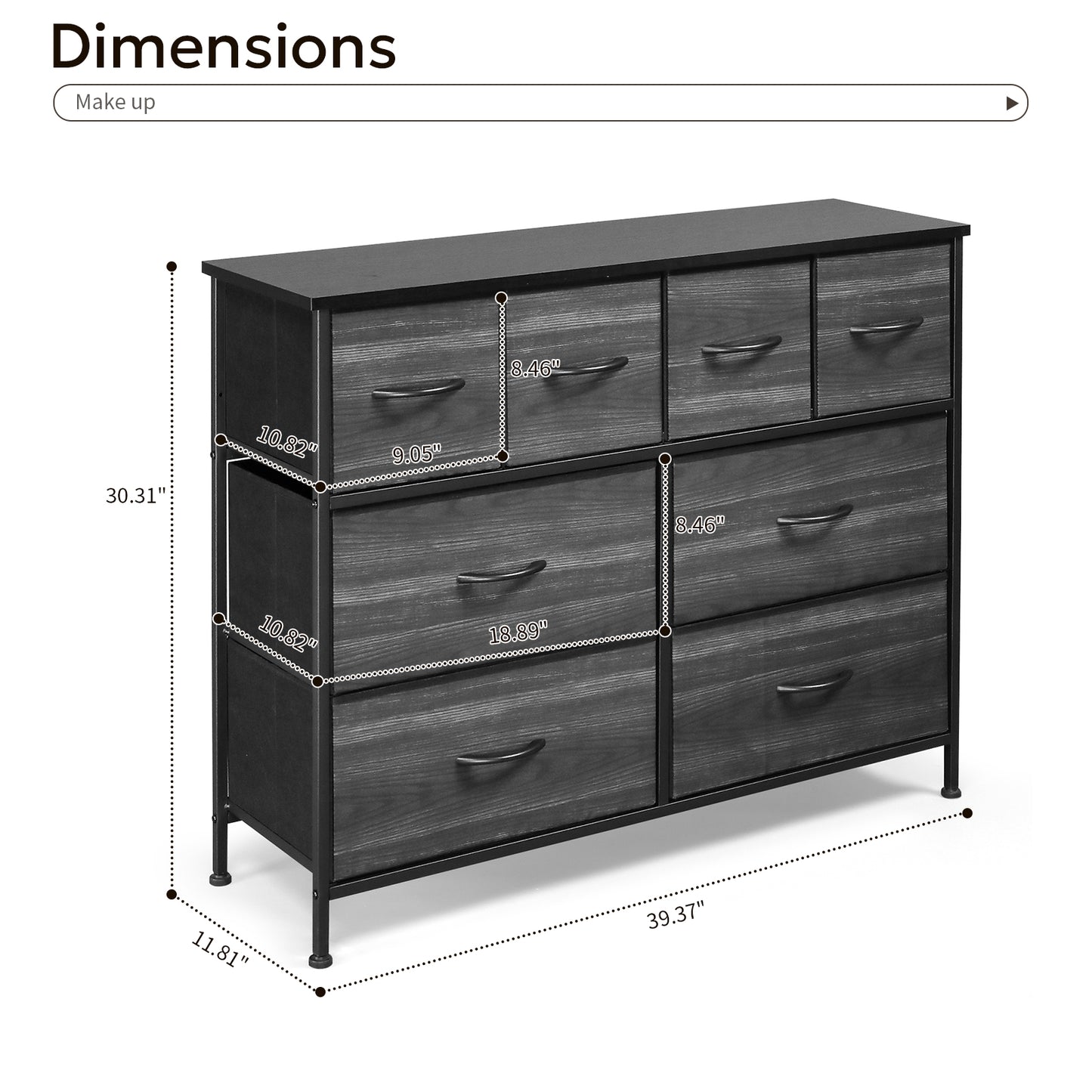 8 drawers, 4 large and 4 small, non-woven storage cabinets, cationic cloth surface + non-woven fabric drawers + particle board + iron frame 100*30*77cm, black wood grain drawer surface - Torange