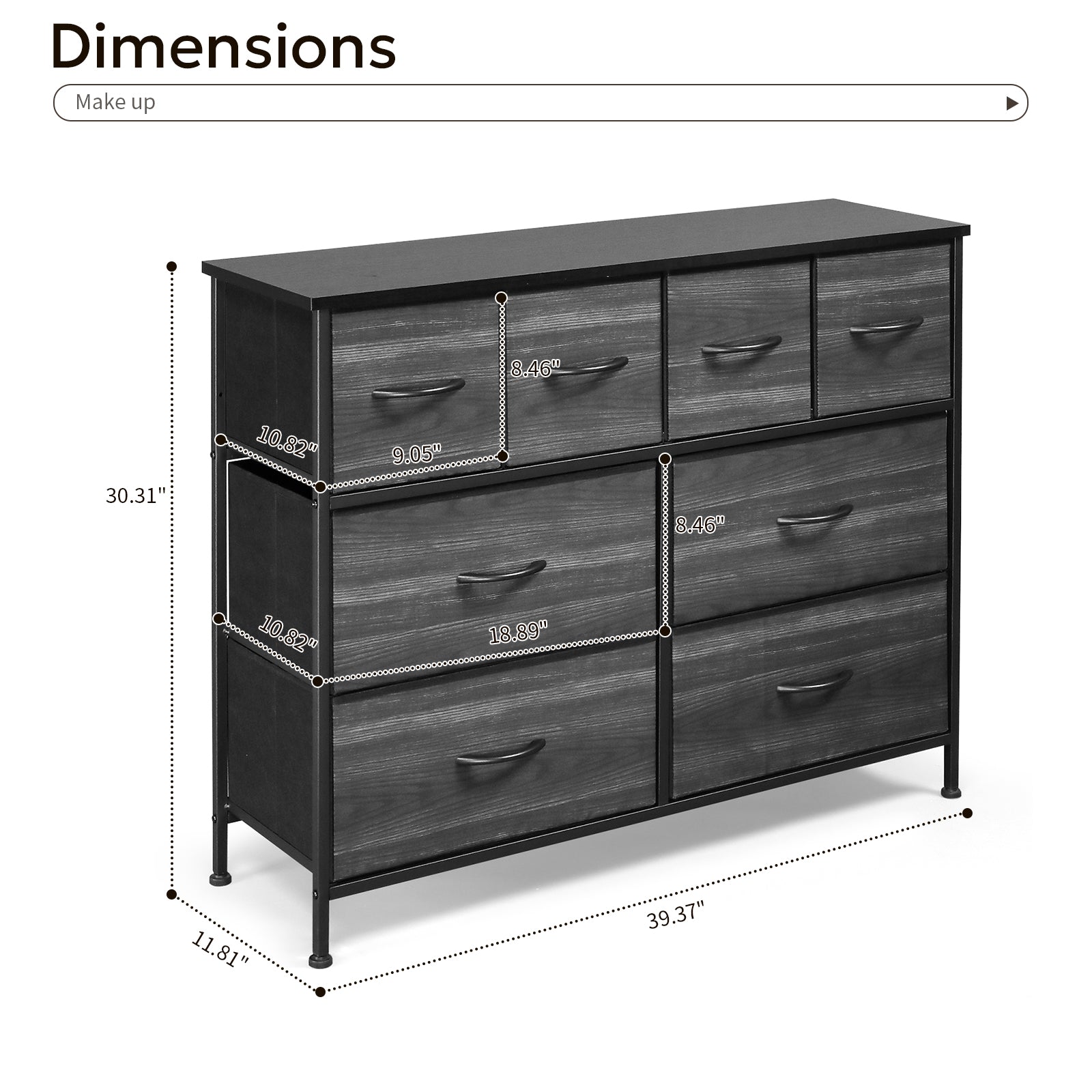 8 drawers, 4 large and 4 small, non-woven storage cabinets, cationic cloth surface + non-woven fabric drawers + particle board + iron frame 100*30*77cm, black wood grain drawer surface - Torange