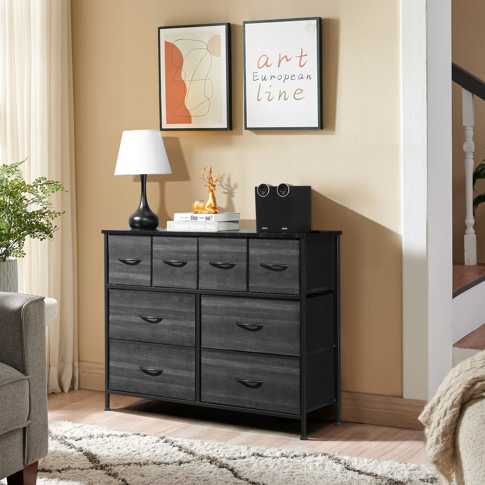 8 drawers, 4 large and 4 small, non-woven storage cabinets, cationic cloth surface + non-woven fabric drawers + particle board + iron frame 100*30*77cm, black wood grain drawer surface - Torange