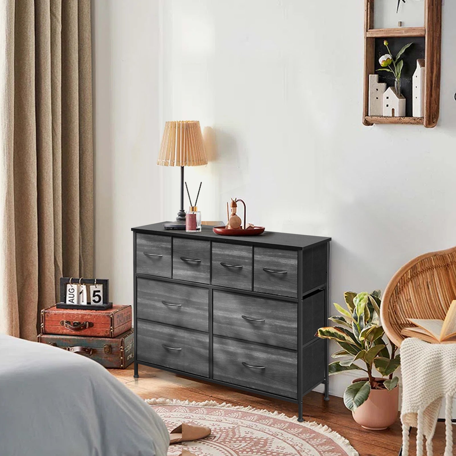8 drawers, 4 large and 4 small, non-woven storage cabinets, cationic cloth surface + non-woven fabric drawers + particle board + iron frame 100*30*77cm, black wood grain drawer surface - Torange