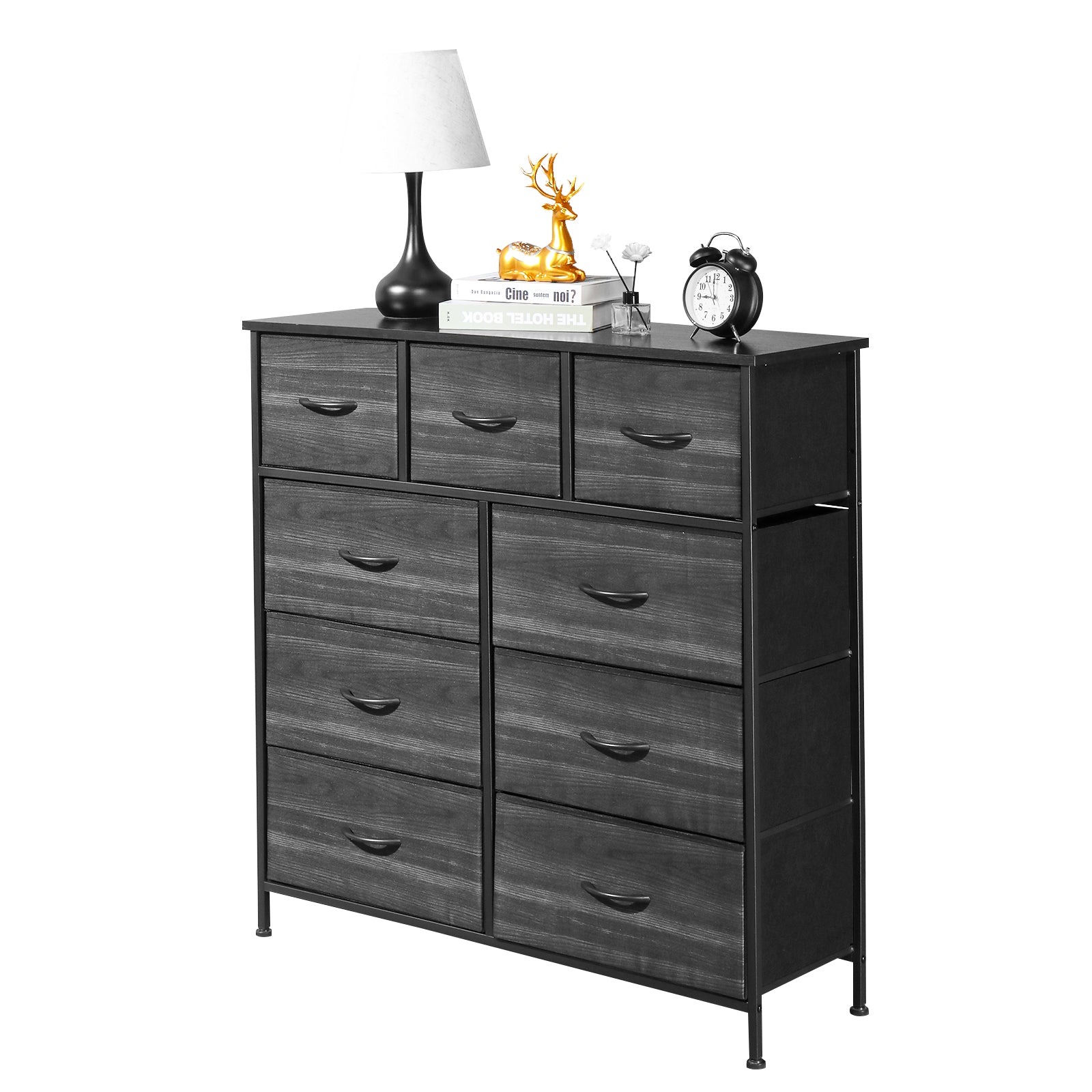 9 drawers, 6 large and 3 small, non-woven storage cabinets, cationic cloth surface + non-woven fabric drawers + particle board + iron frame 100*30*100cm, black wood grain drawer surface - Torange