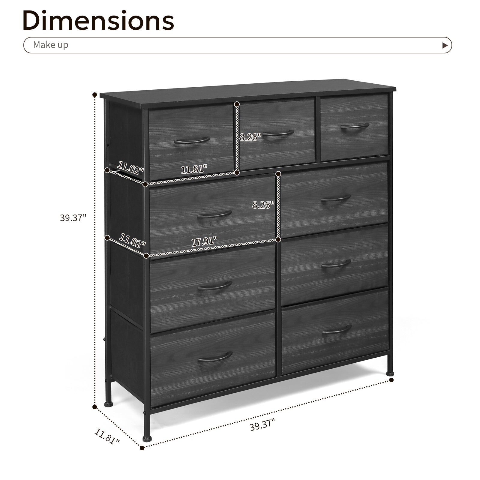 9 drawers, 6 large and 3 small, non-woven storage cabinets, cationic cloth surface + non-woven fabric drawers + particle board + iron frame 100*30*100cm, black wood grain drawer surface - Torange