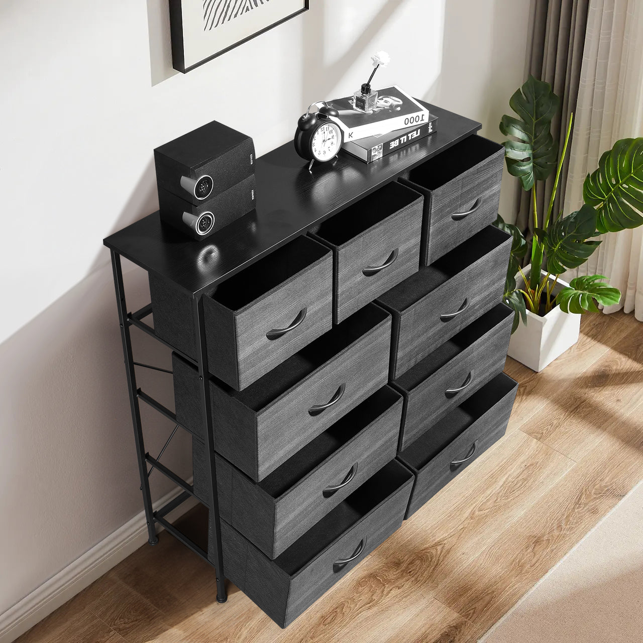 9 drawers, 6 large and 3 small, non-woven storage cabinets, cationic cloth surface + non-woven fabric drawers + particle board + iron frame 100*30*100cm, black wood grain drawer surface - Torange