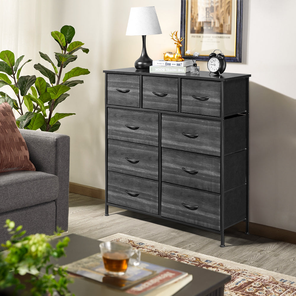 9 drawers, 6 large and 3 small, non-woven storage cabinets, cationic cloth surface + non-woven fabric drawers + particle board + iron frame 100*30*100cm, black wood grain drawer surface - Torange