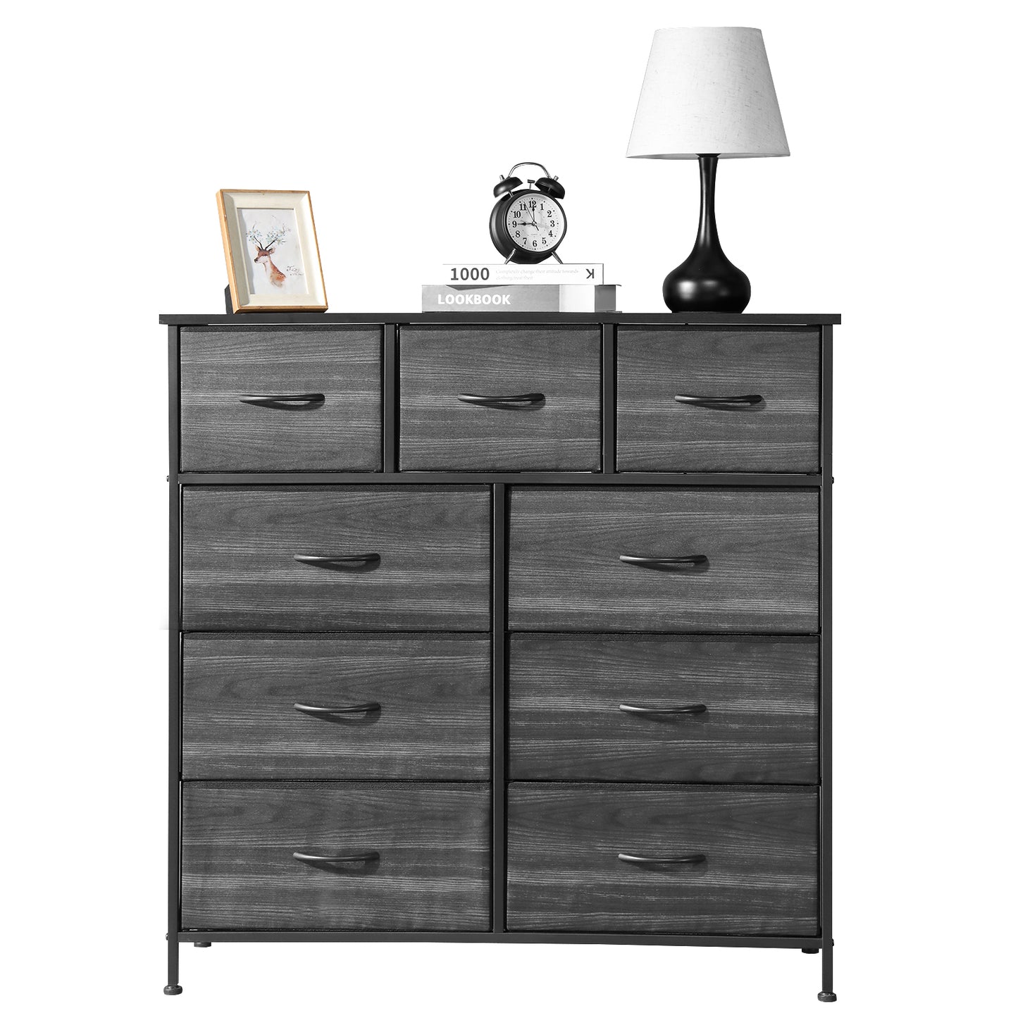 9 drawers, 6 large and 3 small, non-woven storage cabinets, cationic cloth surface + non-woven fabric drawers + particle board + iron frame 100*30*100cm, black wood grain drawer surface - Torange