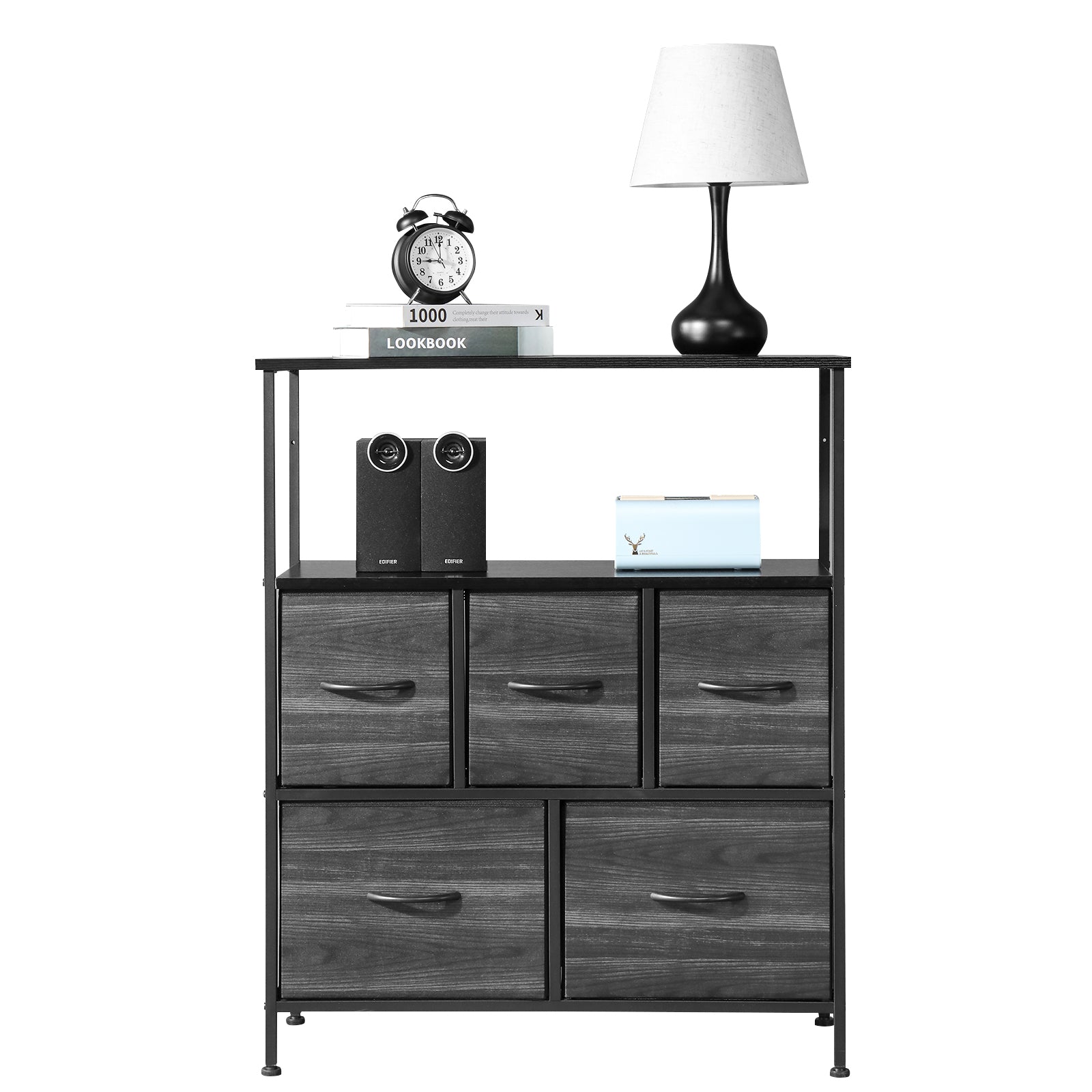 5 drawers, 2 large and 3 small, with top shelf, non-woven storage cabinet, cationic cloth surface + non-woven fabric drawer + particle board + iron frame 80*30*96.5cm, black wood grain drawer surface - Torange
