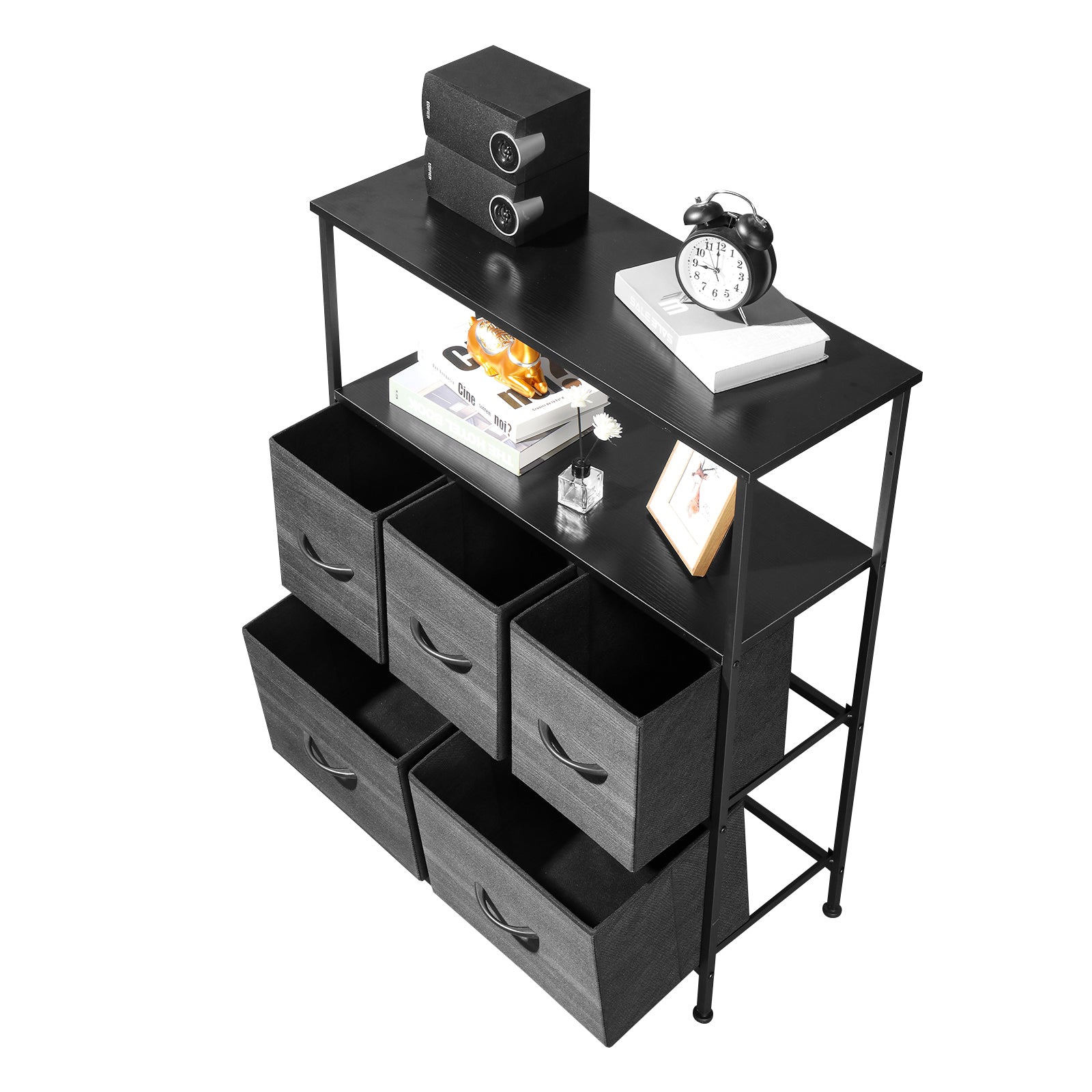5 drawers, 2 large and 3 small, with top shelf, non-woven storage cabinet, cationic cloth surface + non-woven fabric drawer + particle board + iron frame 80*30*96.5cm, black wood grain drawer surface - Torange