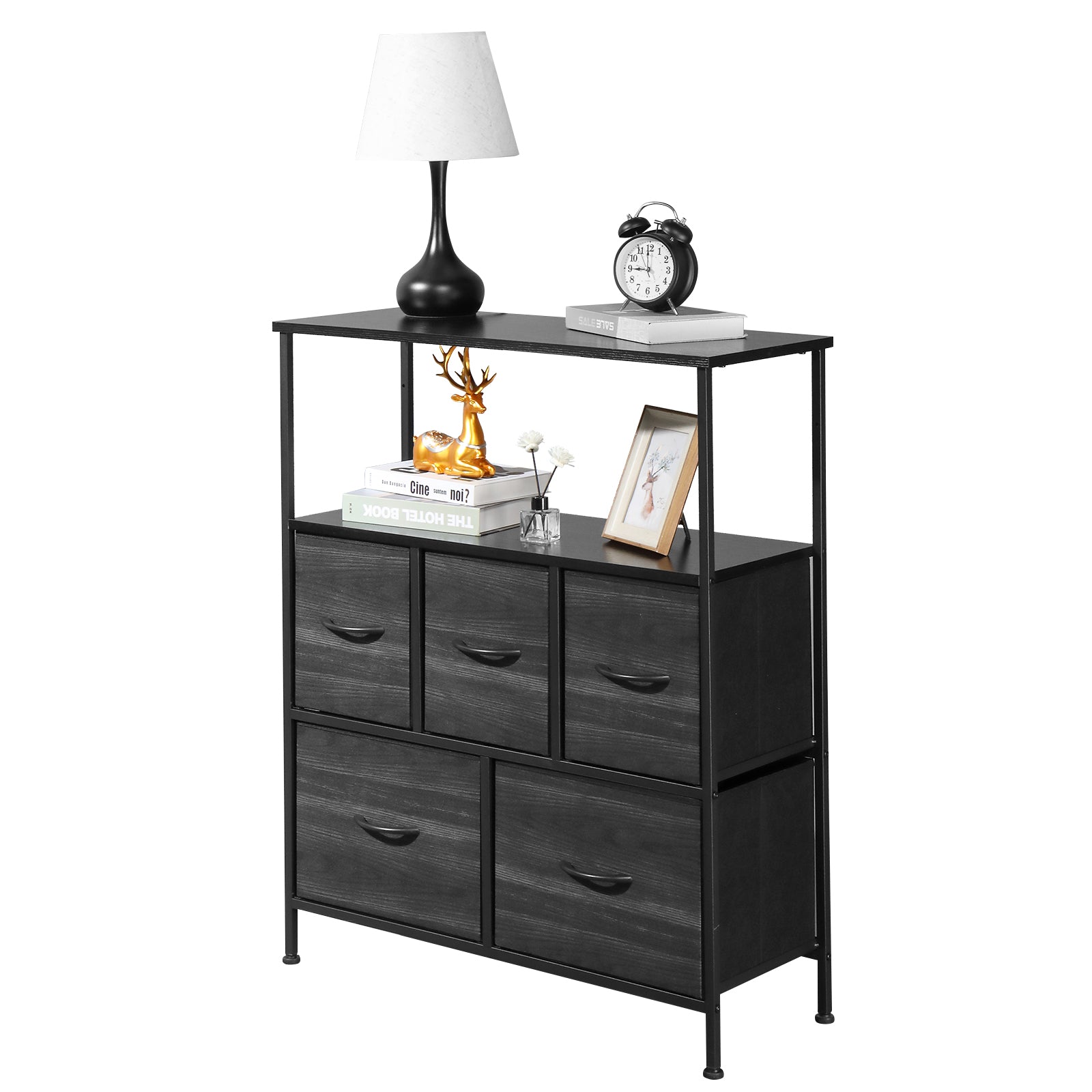 5 drawers, 2 large and 3 small, with top shelf, non-woven storage cabinet, cationic cloth surface + non-woven fabric drawer + particle board + iron frame 80*30*96.5cm, black wood grain drawer surface - Torange