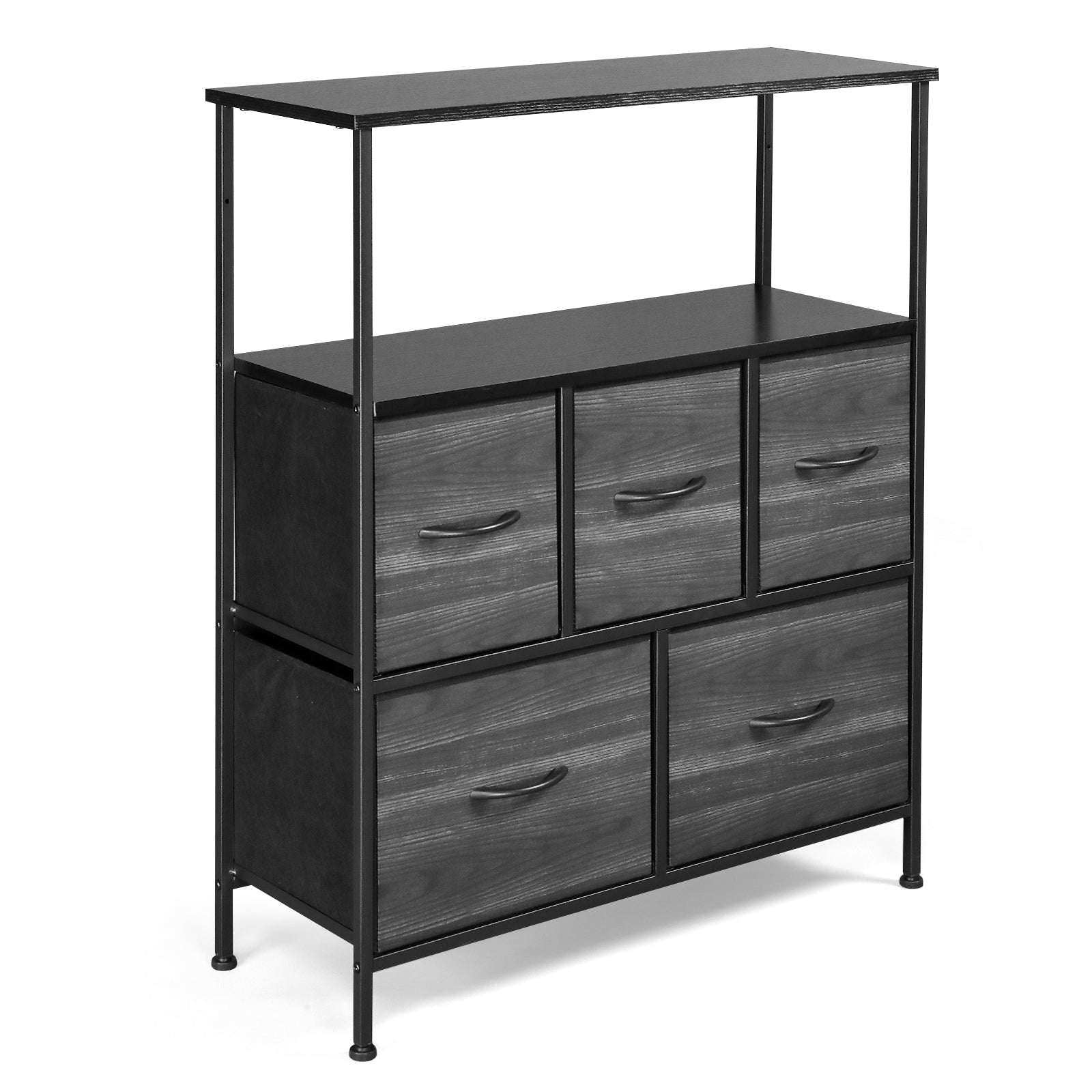 5 drawers, 2 large and 3 small, with top shelf, non-woven storage cabinet, cationic cloth surface + non-woven fabric drawer + particle board + iron frame 80*30*96.5cm, black wood grain drawer surface - Torange
