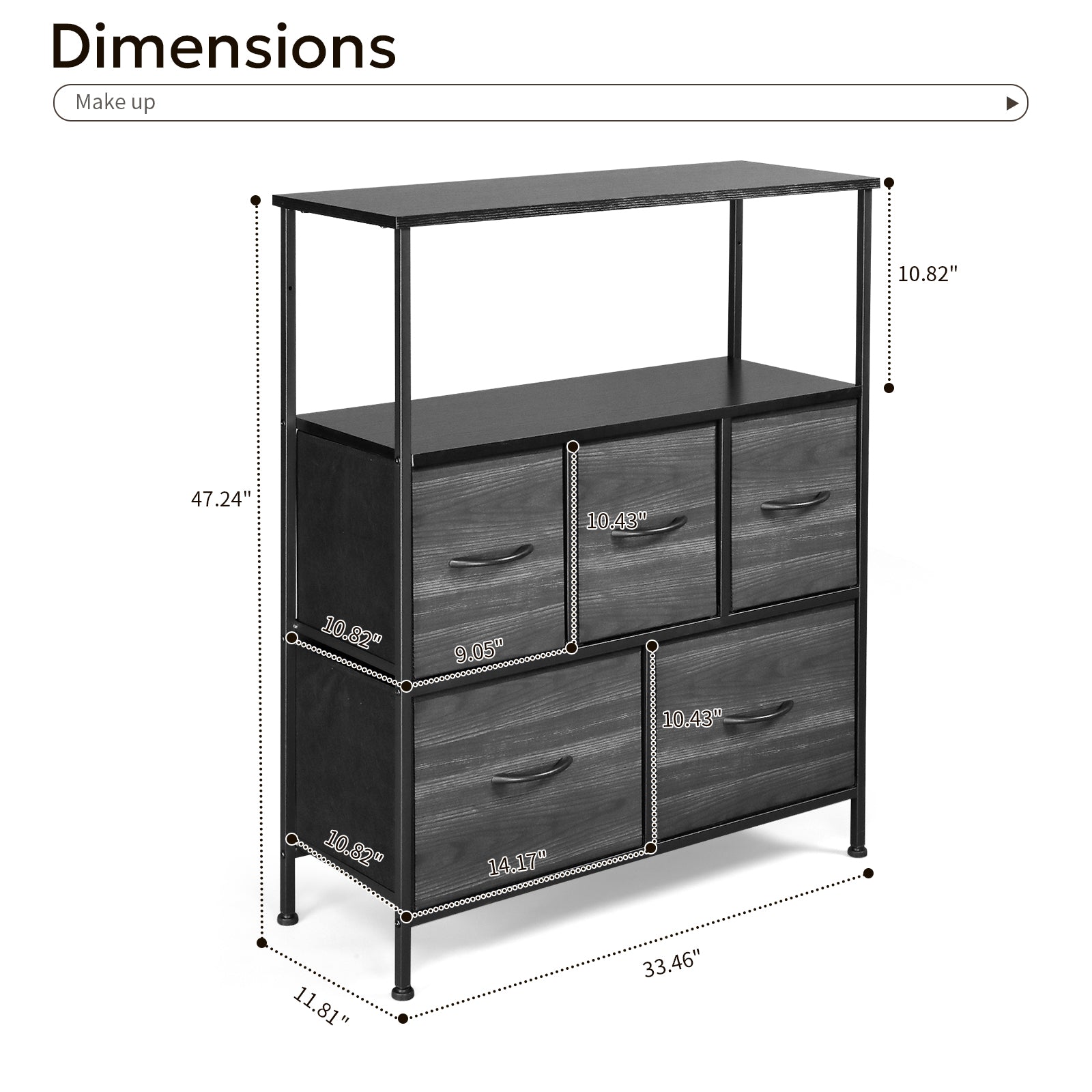 5 drawers, 2 large and 3 small, with top shelf, non-woven storage cabinet, cationic cloth surface + non-woven fabric drawer + particle board + iron frame 80*30*96.5cm, black wood grain drawer surface - Torange