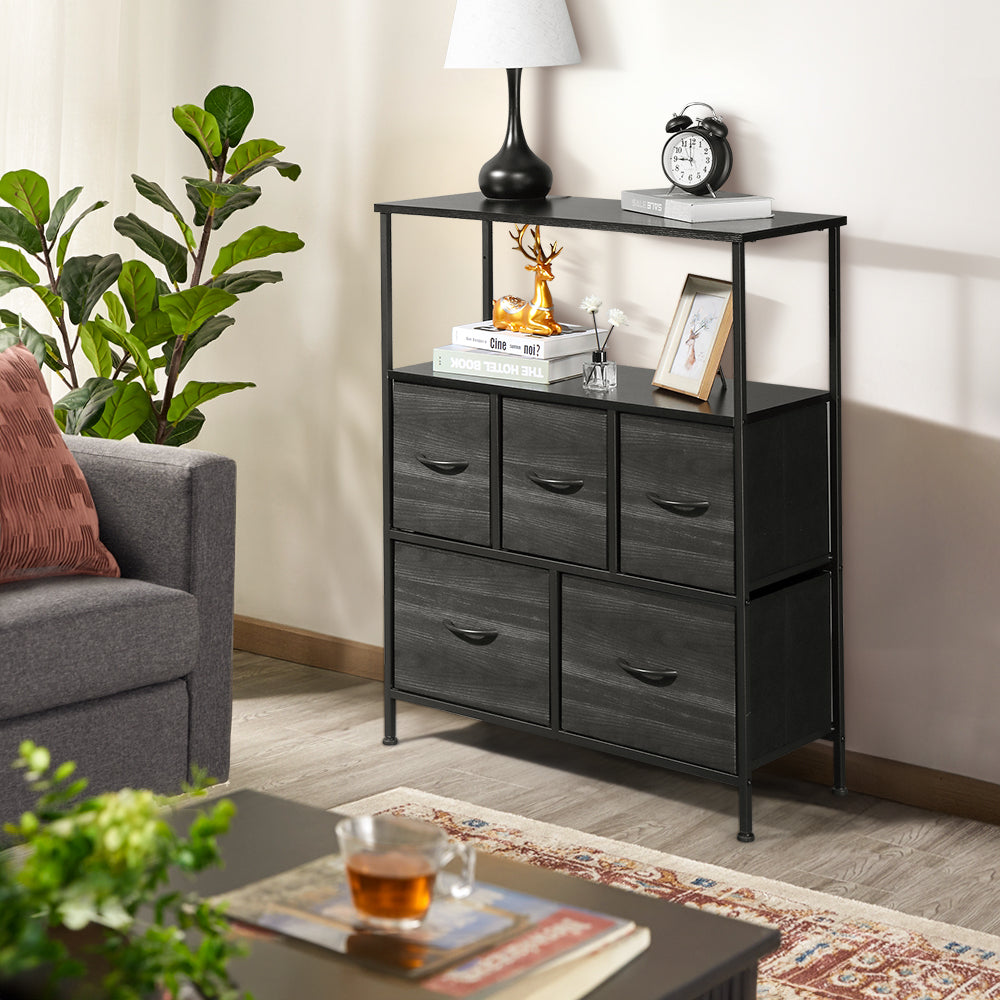 5 drawers, 2 large and 3 small, with top shelf, non-woven storage cabinet, cationic cloth surface + non-woven fabric drawer + particle board + iron frame 80*30*96.5cm, black wood grain drawer surface - Torange