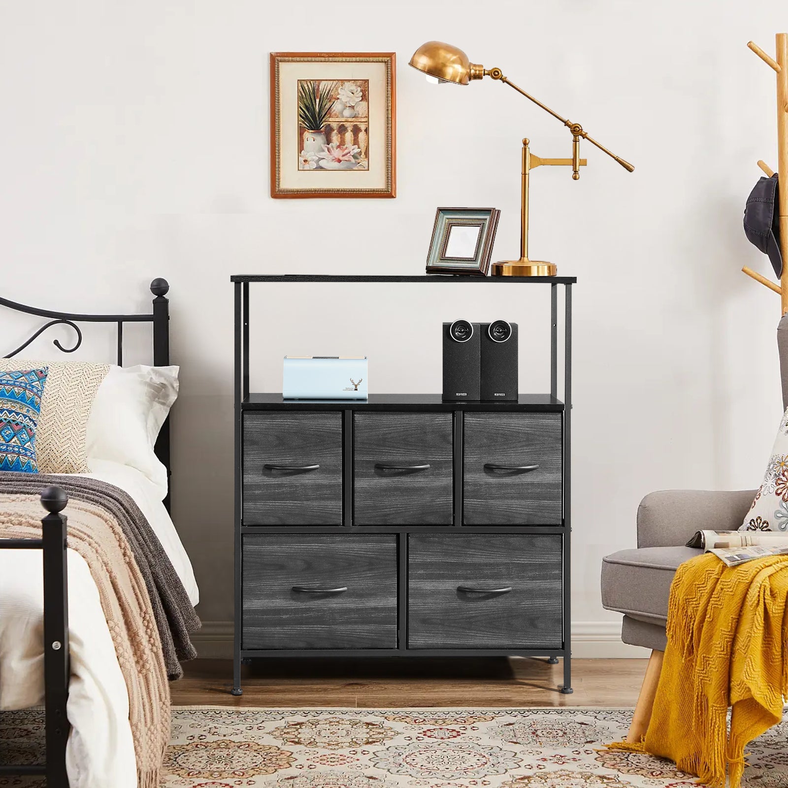 5 drawers, 2 large and 3 small, with top shelf, non-woven storage cabinet, cationic cloth surface + non-woven fabric drawer + particle board + iron frame 80*30*96.5cm, black wood grain drawer surface - Torange