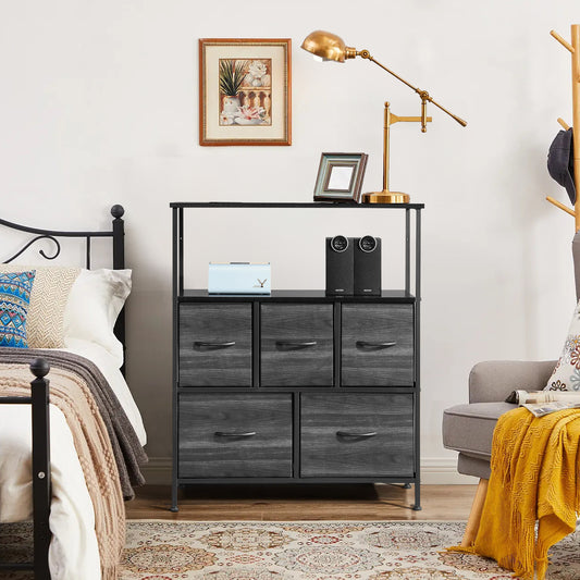 5 drawers, 2 large and 3 small, with top shelf, non-woven storage cabinet, cationic cloth surface + non-woven fabric drawer + particle board + iron frame 80*30*96.5cm, black wood grain drawer surface - Torange