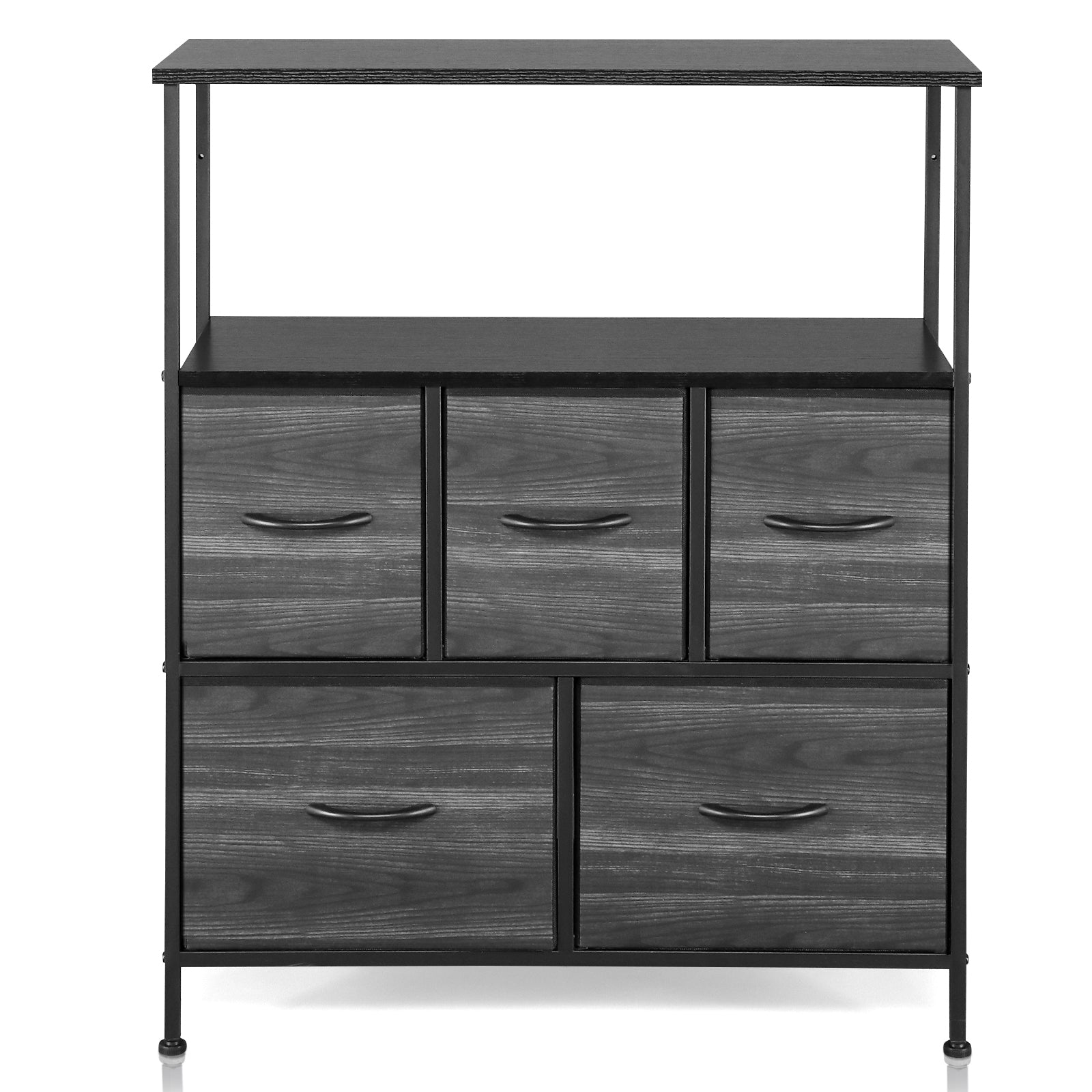 5 drawers, 2 large and 3 small, with top shelf, non-woven storage cabinet, cationic cloth surface + non-woven fabric drawer + particle board + iron frame 80*30*96.5cm, black wood grain drawer surface - Torange
