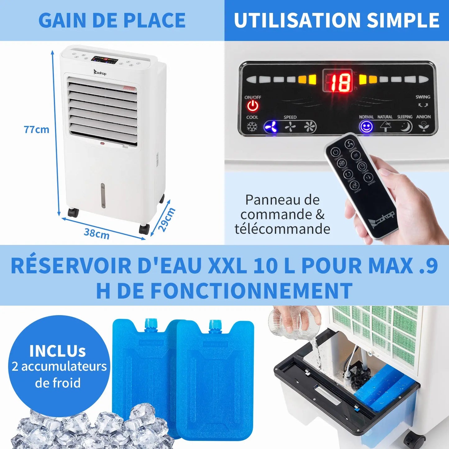 -4 in 1 Portable 324CFM Mobile Air Cooler with Remote Control,cool down,Humidifier, Fan,Ionizer 75W 12H Timer 8L Water Tank,4 Ice Pack,Powerful Air Flow 550m³/h,Variable Mode/Speed SY