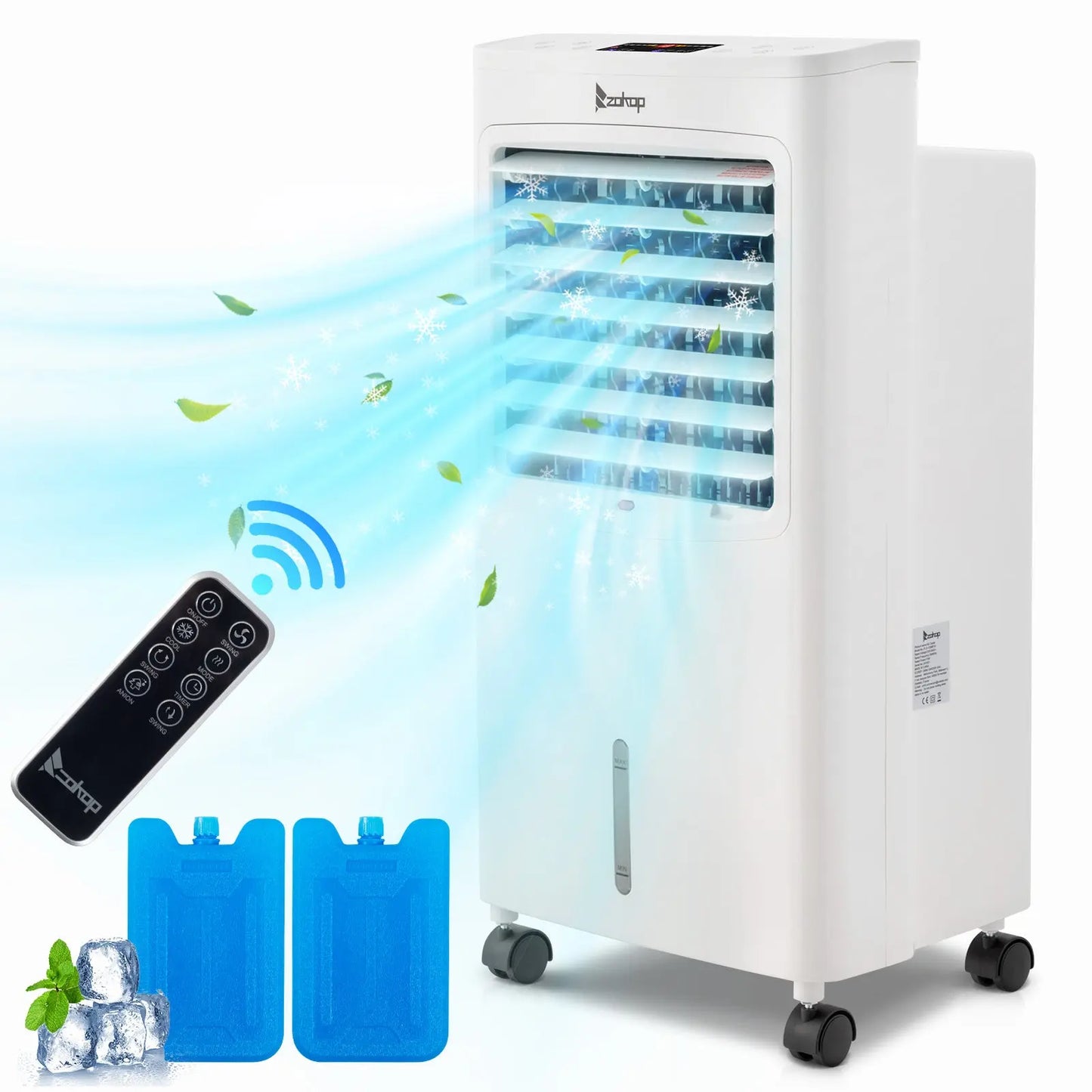-4 in 1 Portable 324CFM Mobile Air Cooler with Remote Control,cool down,Humidifier, Fan,Ionizer 75W 12H Timer 8L Water Tank,4 Ice Pack,Powerful Air Flow 550m³/h,Variable Mode/Speed SY