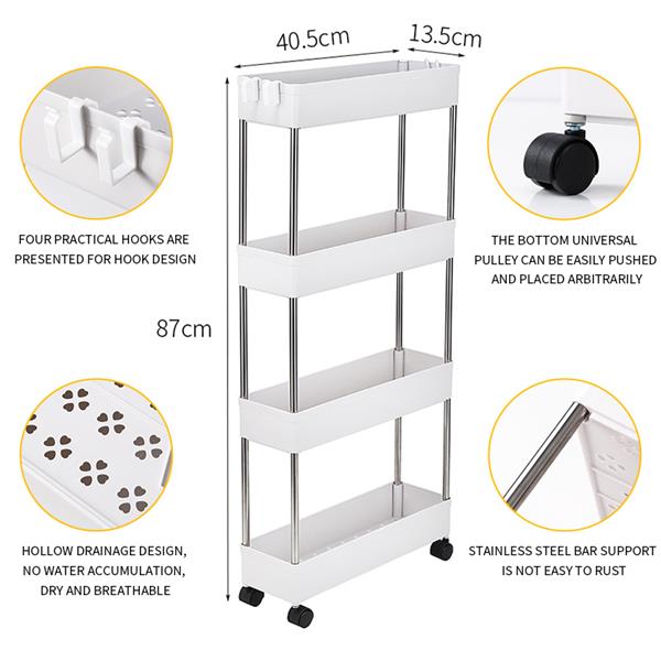 4-Layer Ultra-thin, Mobile Multi-functional Slim Storage Cart,Suitable for Kitchen, Bathroom, Laundry Room Narrow Place, Plastic and Stainless Steel, White - Torange