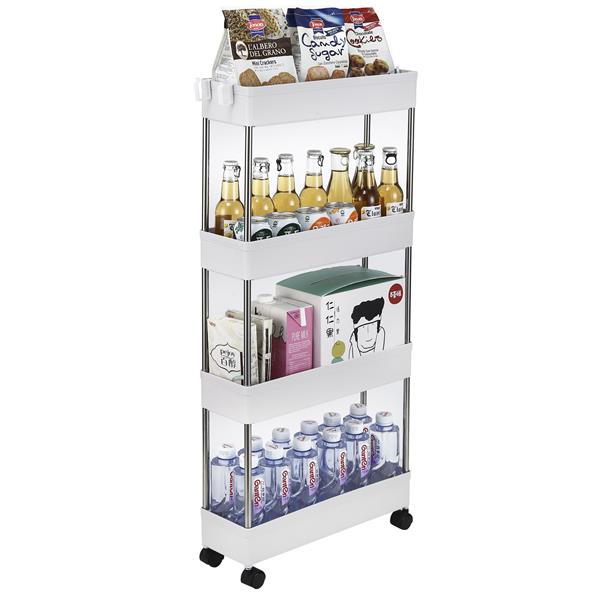 4-Layer Ultra-thin, Mobile Multi-functional Slim Storage Cart,Suitable for Kitchen, Bathroom, Laundry Room Narrow Place, Plastic and Stainless Steel, White - Torange