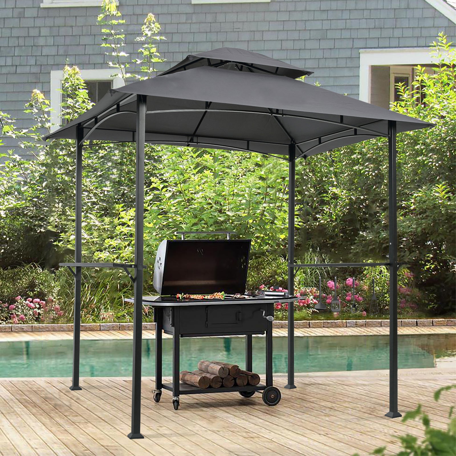 Outdoor Grill Gazebo 8 x 5 Ft, Shelter Tent, Double Tier Soft Top Canopy and Steel Frame with hook and Bar Counters, Grey [Sale to Temu is Banned.Weekend can not be shipped, order with caution] - Torange