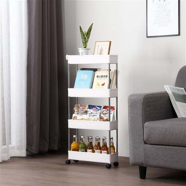 4-Layer Ultra-thin, Mobile Multi-functional Slim Storage Cart,Suitable for Kitchen, Bathroom, Laundry Room Narrow Place, Plastic and Stainless Steel, White - Torange