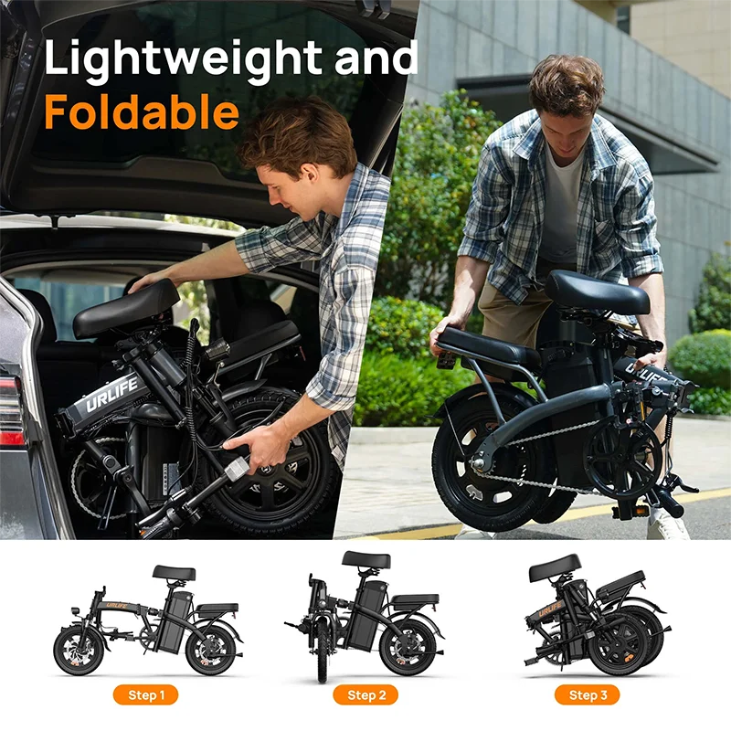 Urlife Commuter E-Bike 14 Inch Folding 250W 48V 7.5Ah Removable & Fast Charge Battery 40KM Range Hydraulic Front Suspension Dual Disc Brakes