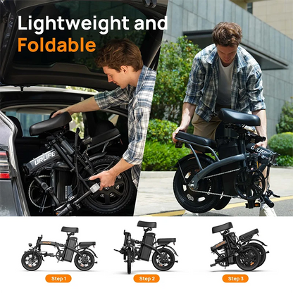 Urlife Commuter E-Bike 14 Inch Folding 250W 48V 7.5Ah Removable & Fast Charge Battery 40KM Range Hydraulic Front Suspension Dual Disc Brakes