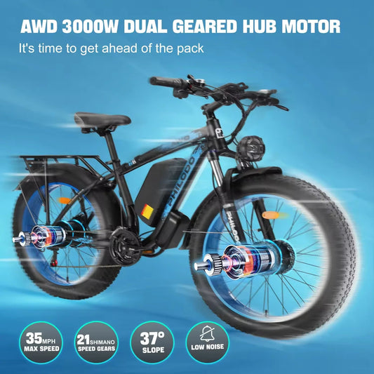 PHILODO H8 Electric Bike Peak Power 3000W Motor 48V26AH Lithium Battery Electric Bicycle Hydraulic Brake 26*4.0 Inch Tire E-Bike Torange