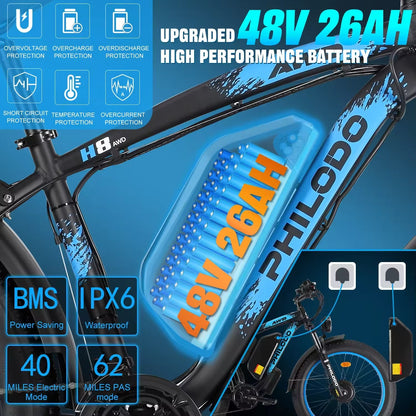 PHILODO H8 Electric Bike Peak Power 3000W Motor 48V26AH Lithium Battery Electric Bicycle Hydraulic Brake 26*4.0 Inch Tire E-Bike Torange