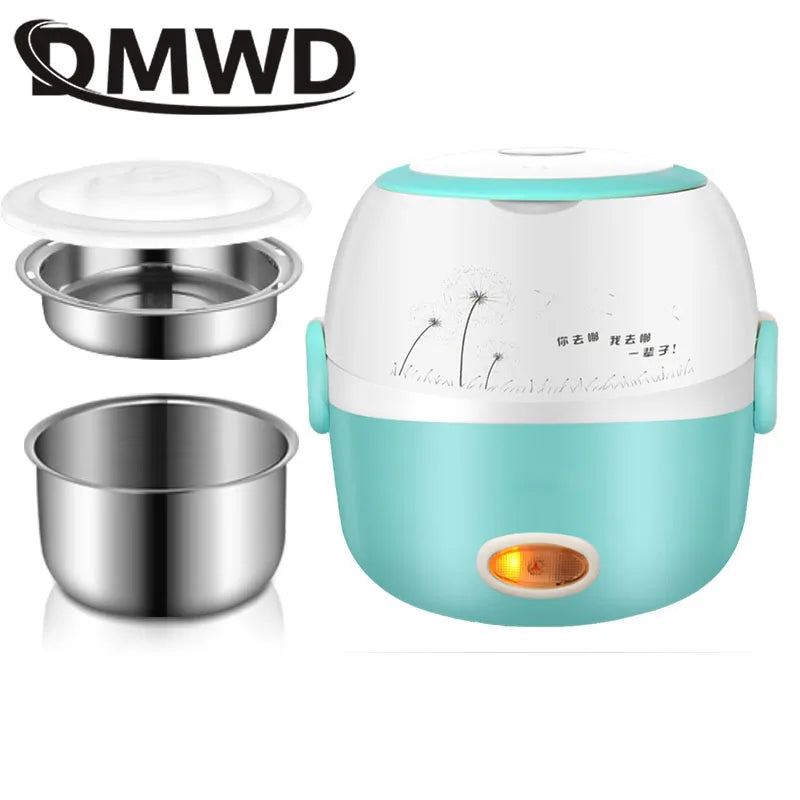 DMWD MINI Rice Cooker Thermal Heating Electric Lunch Box 1/2 Layers Portable Food Steamer Cooking Container Meal Lunchbox Warmer