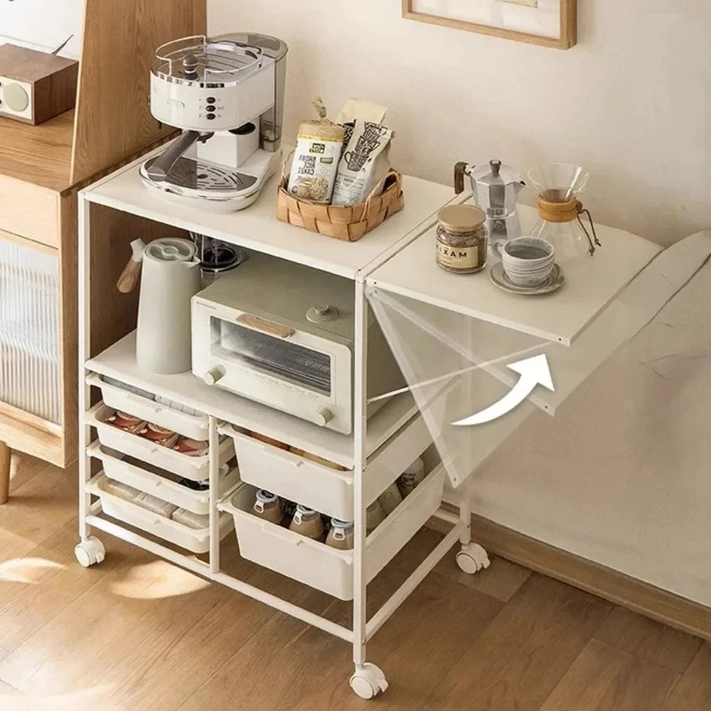 Multi Layer Kitchen Cart Side Cabinets Moving Cabinet Multi-Functional Fold Extension Design Handcart  Microwave Storage Cart