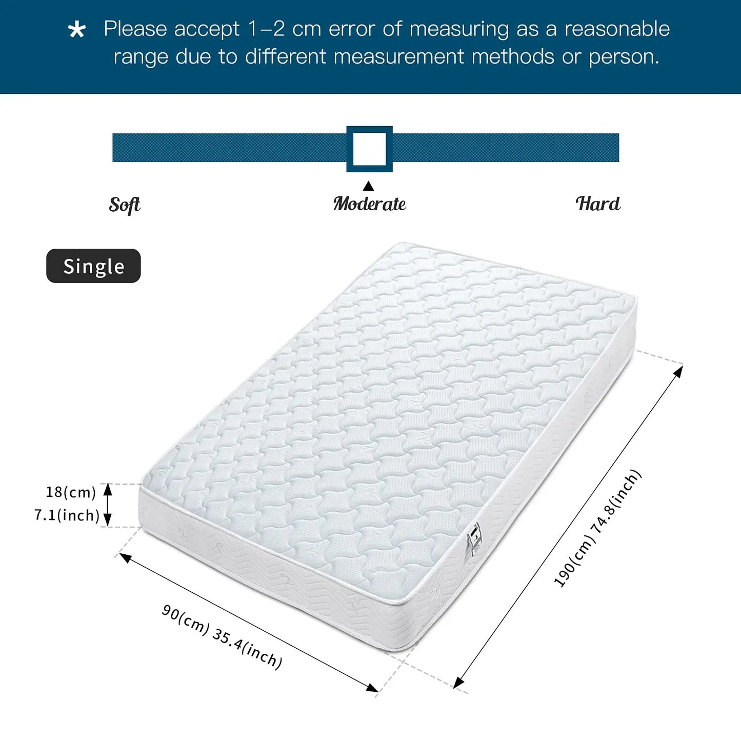 Good Nite 3FT Spring Mattress, Medium Firm, Memory Foam 90x190x18cm