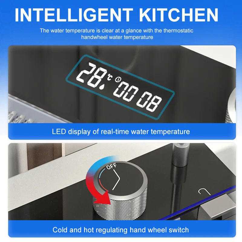 Waterfall Kitchen Sink Set 304 Stainless Steel Nano Sink Home Sink Vegetable Wash Basin Large Single Slot Digital Display Drain