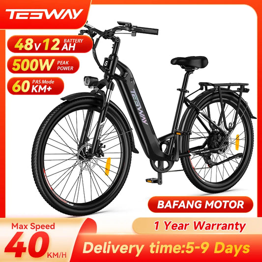 TESWAY E Bike For Adults 500W Motor 48V 12AH Battery 27.5*2.4-inch Tires 40km/h Max Speed 90km Range Mechanical Disc Brakes