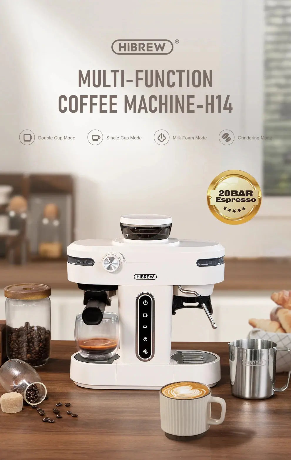 HiBREW 20 Bar Semi Automatic Espresso Coffee Maker With Grinder Bean For Cappuccino and Latte Milk Frothing System Machine H14 Torange