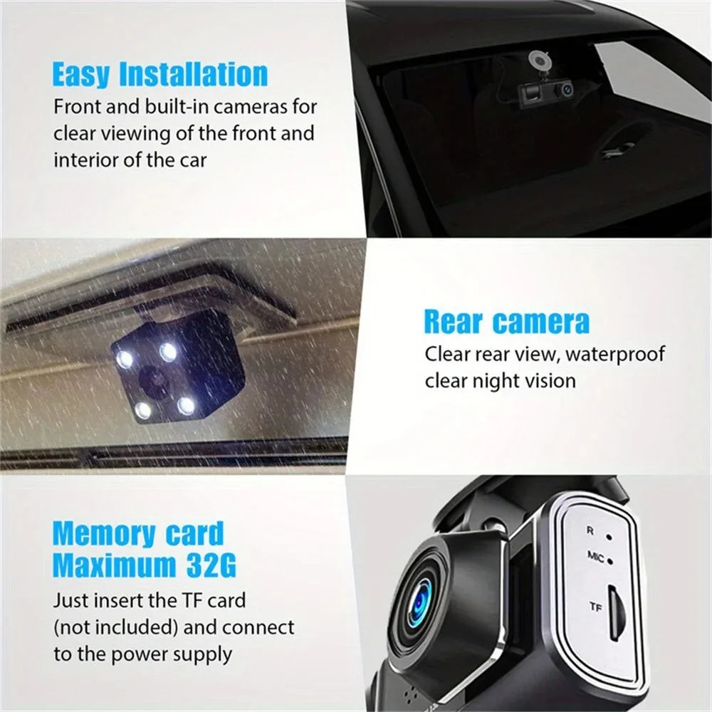 Three Camera Dash Cam For Cars-1080P Front And Inside Recording Car Video Recorder