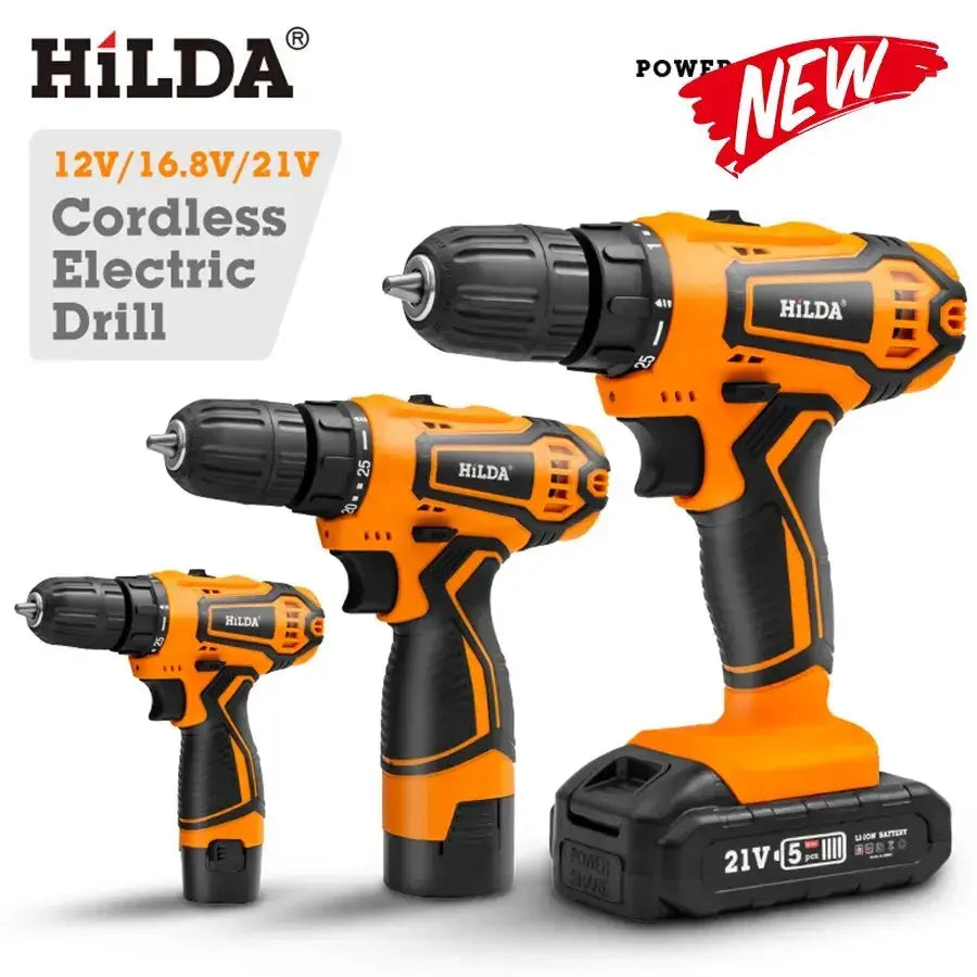 HILDA 12V 16.8V 21V Cordless Drill Electric Screwdriver Mini Wireless Power Driver DC Lithium-Ion Battery Power Tools DS