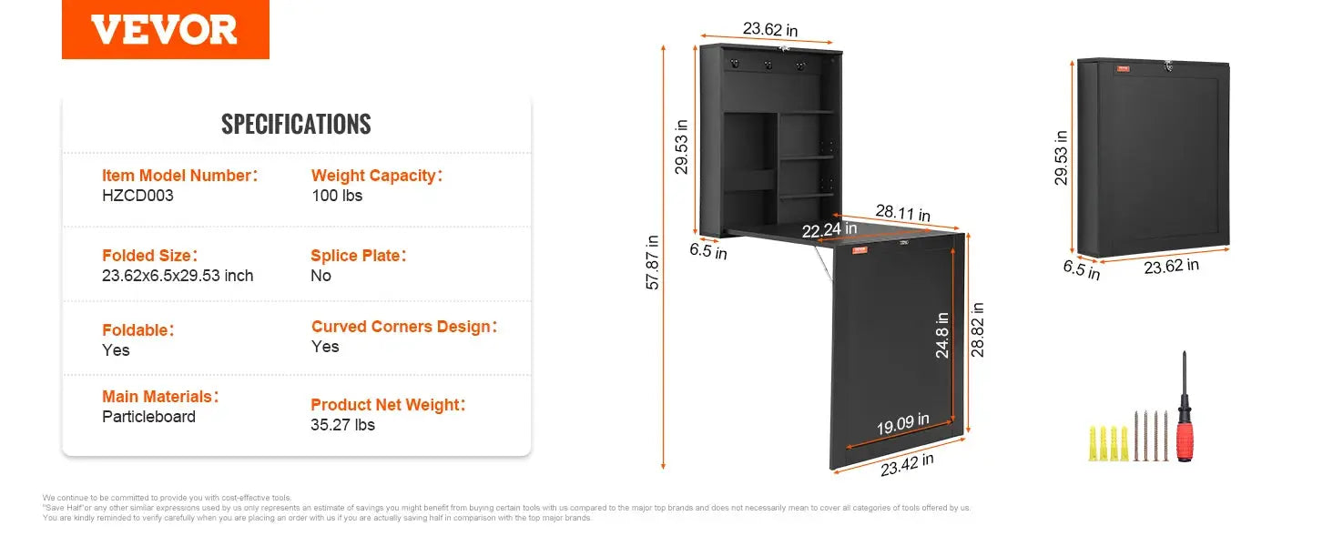 VEVOR Wall Mounted Folding Table Wall Mount Drop Leaf Table with Carbon Steel Bracket Wooden Desk for Dining Laundry Room Office Torange