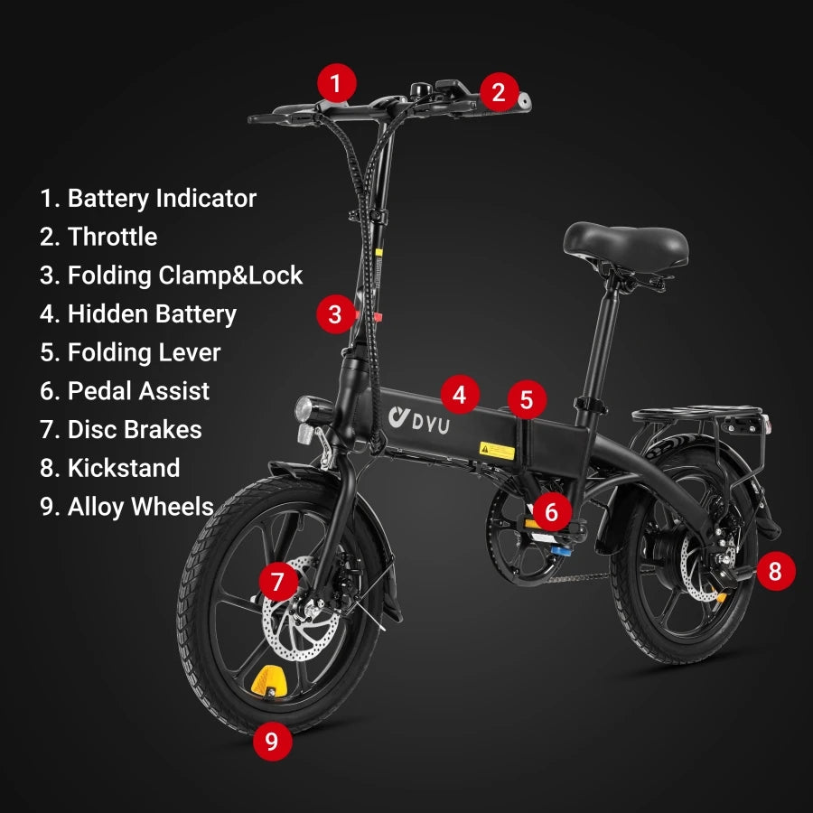 DYU A1F Pro Electric Bike 250W Folding Electric Bicycle 36V 7.5AH Lithium Battery Max Speed 25km/h 16 Inch Mini Assist Ebike