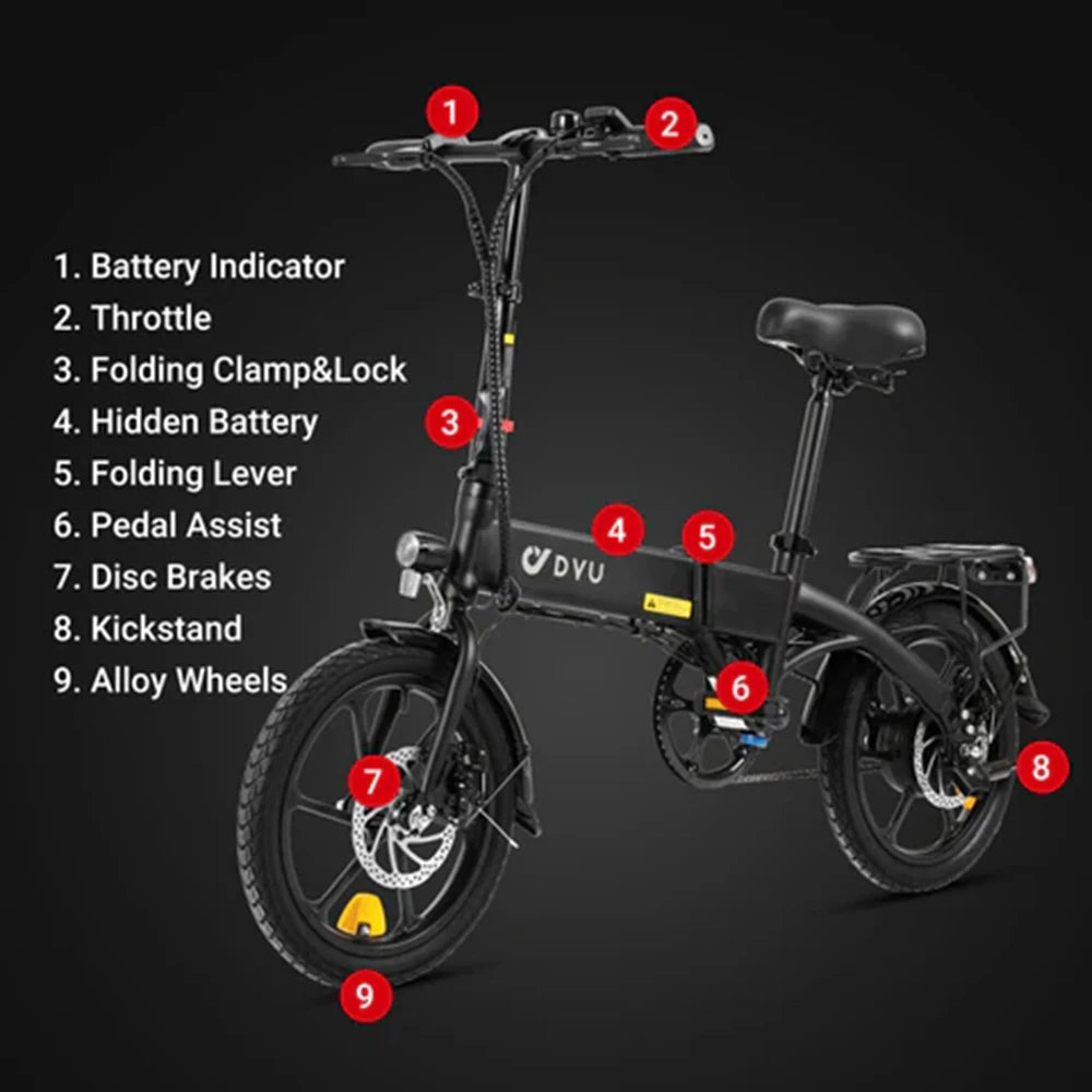 DYU A1F Pro Electric Bike 250W Folding Electric Bicycle 36V 7.5AH Lithium Battery Max Speed 25km/h 16 Inch Mini Assist Ebike