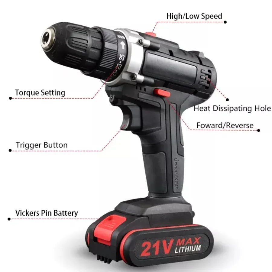 21V Electric Impact Cordless Drill High-power Lithium Battery Wireless Rechargeable Hand Drill Home DIY Electric Power Tools