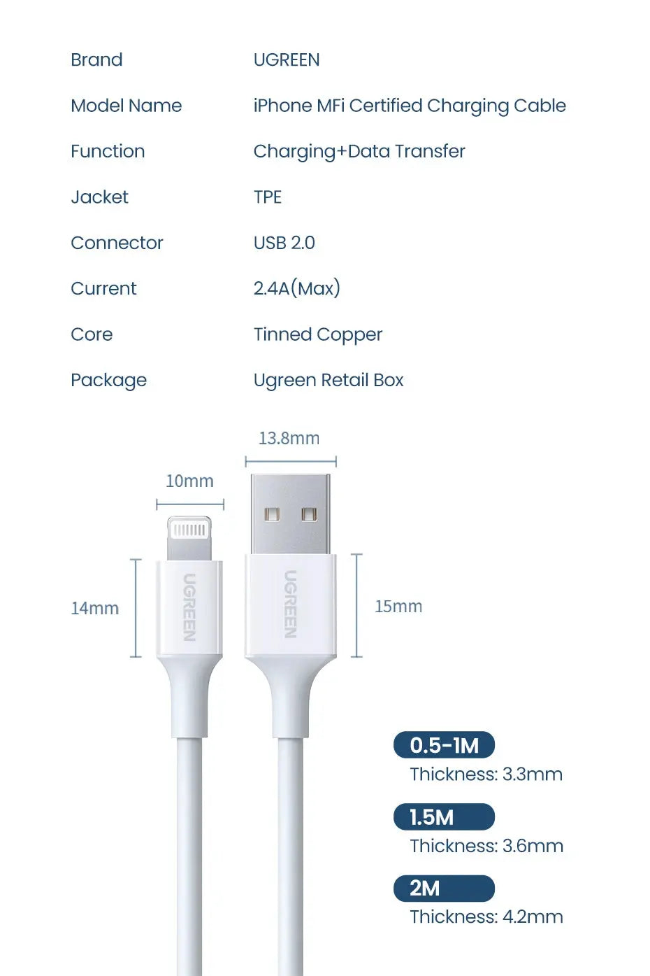 UGREEN MFi USB to Lightning Cable for iPhone 14 13 12 Pro Max 2.4A Fast Charging for iPhone for iPad Phone Data Cable Torange
