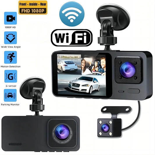 Three Camera Dash Cam For Cars-1080P Front And Inside Recording Car Video Recorder